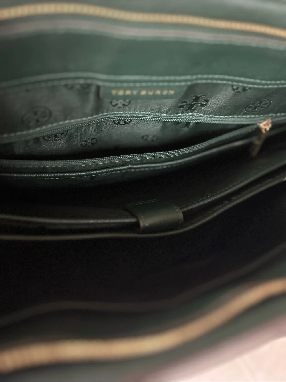 Tory Burch Dark Green Saffiano Leather Large Tote with Gold Hardware.